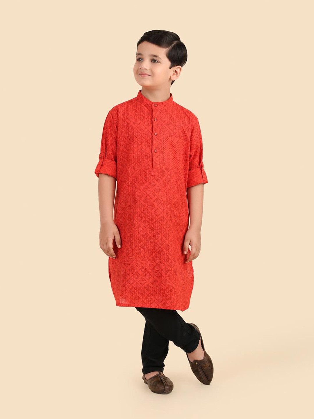 Fabindia Boys Block Printed Thread Work Roll-Up Sleeves Cotton Straight Kurta