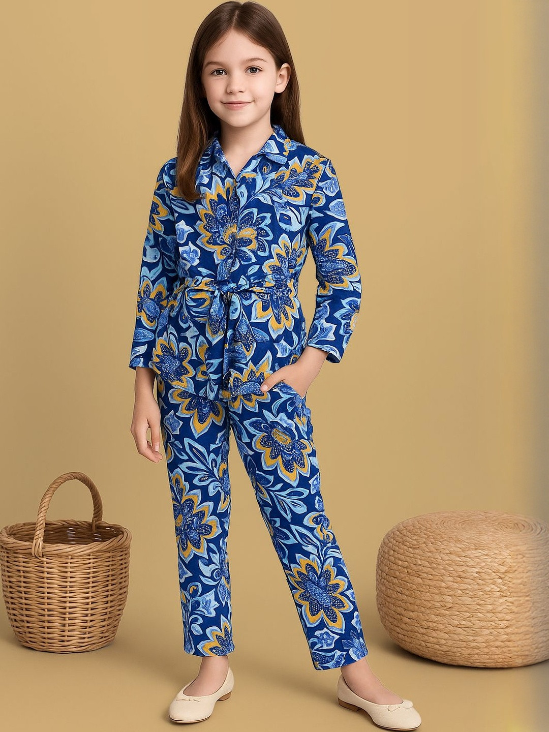 YK Girls Royal Blue Printed Shirt with Pyjamas