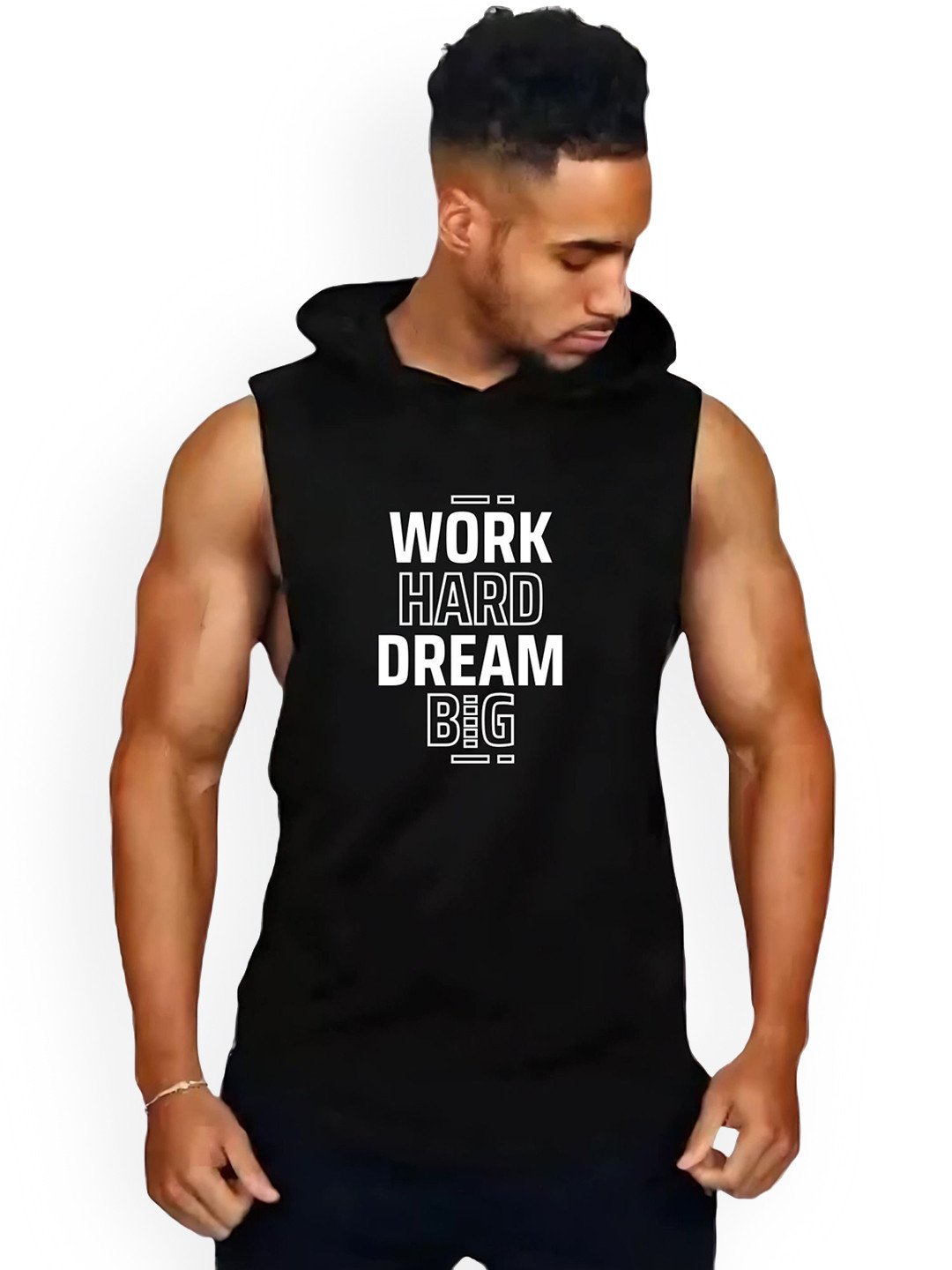 Fashnobic Men Work Hard Printed Hooded Neck Gym Vest