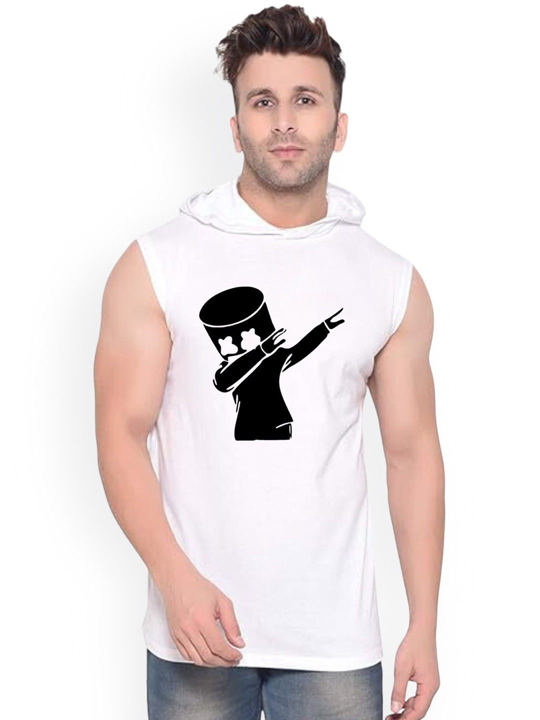 Fashnobic Trendy Men White Marshmallow Hooded Printed Gym Vest