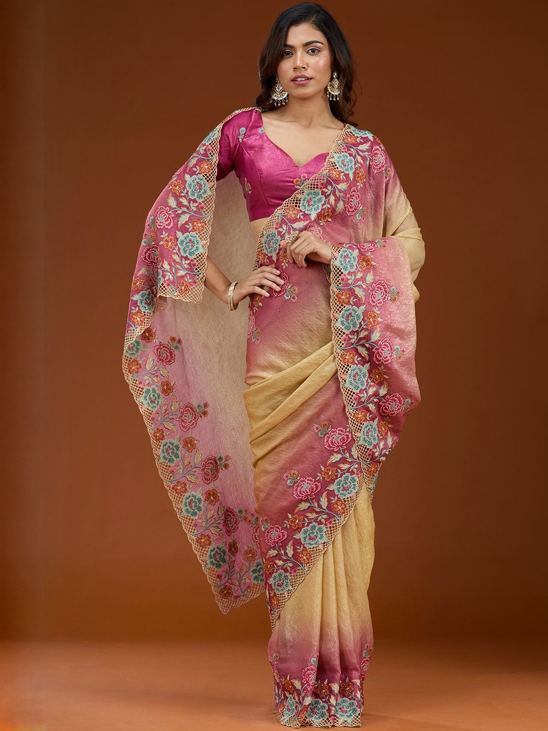 Koskii Magenta Pink Threadwork Tissue Saree