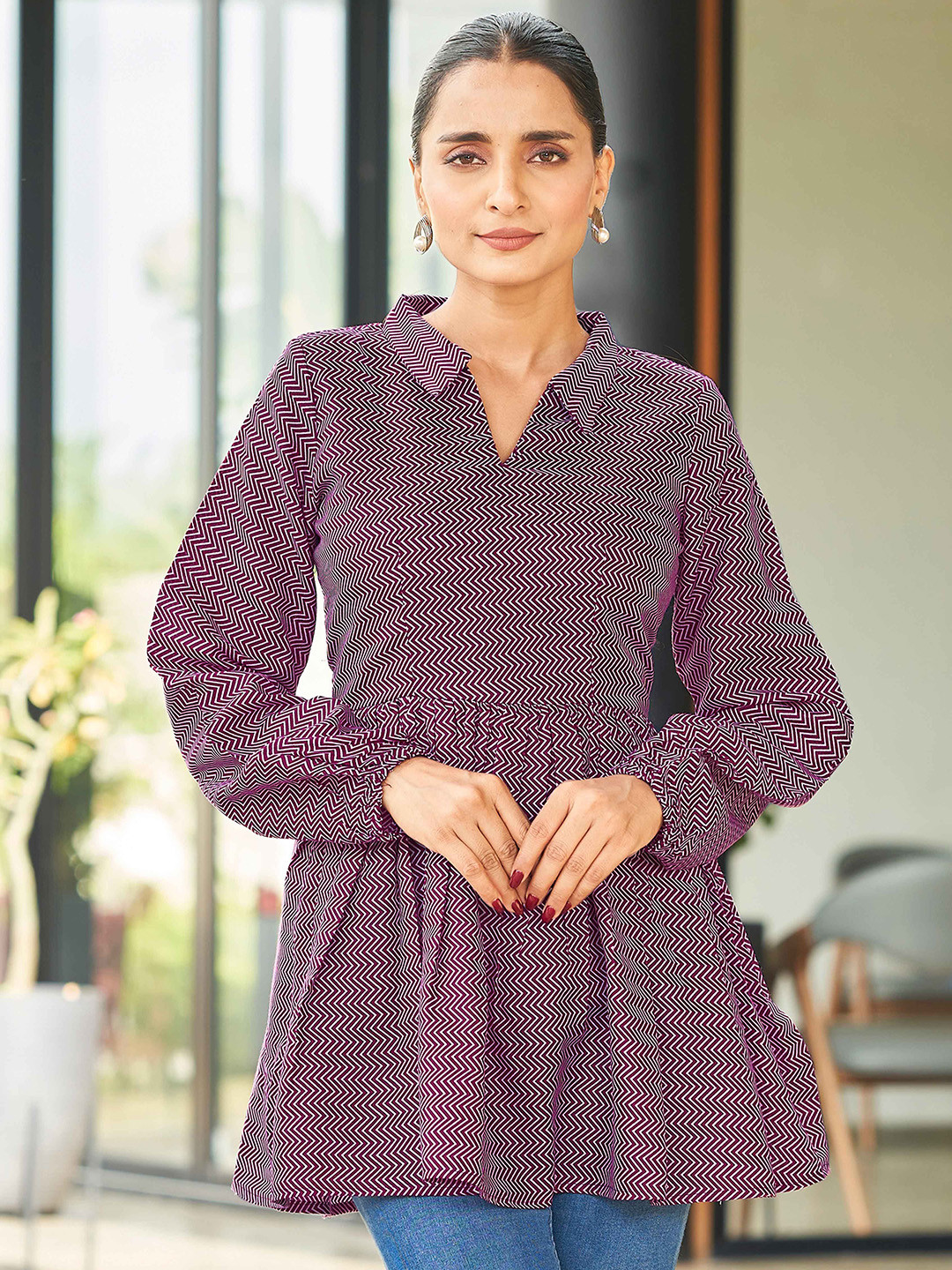 CHANSI Women Herringbone Print Puff Sleeves Shirt Collar Cotton Peplum Top