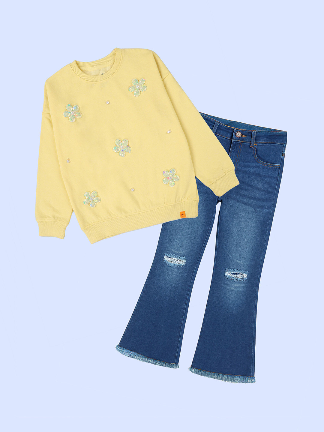 KiddoPanti Girls Fleece Solid Flowers Beaded Sweatshirt & Knee Distress Jeans