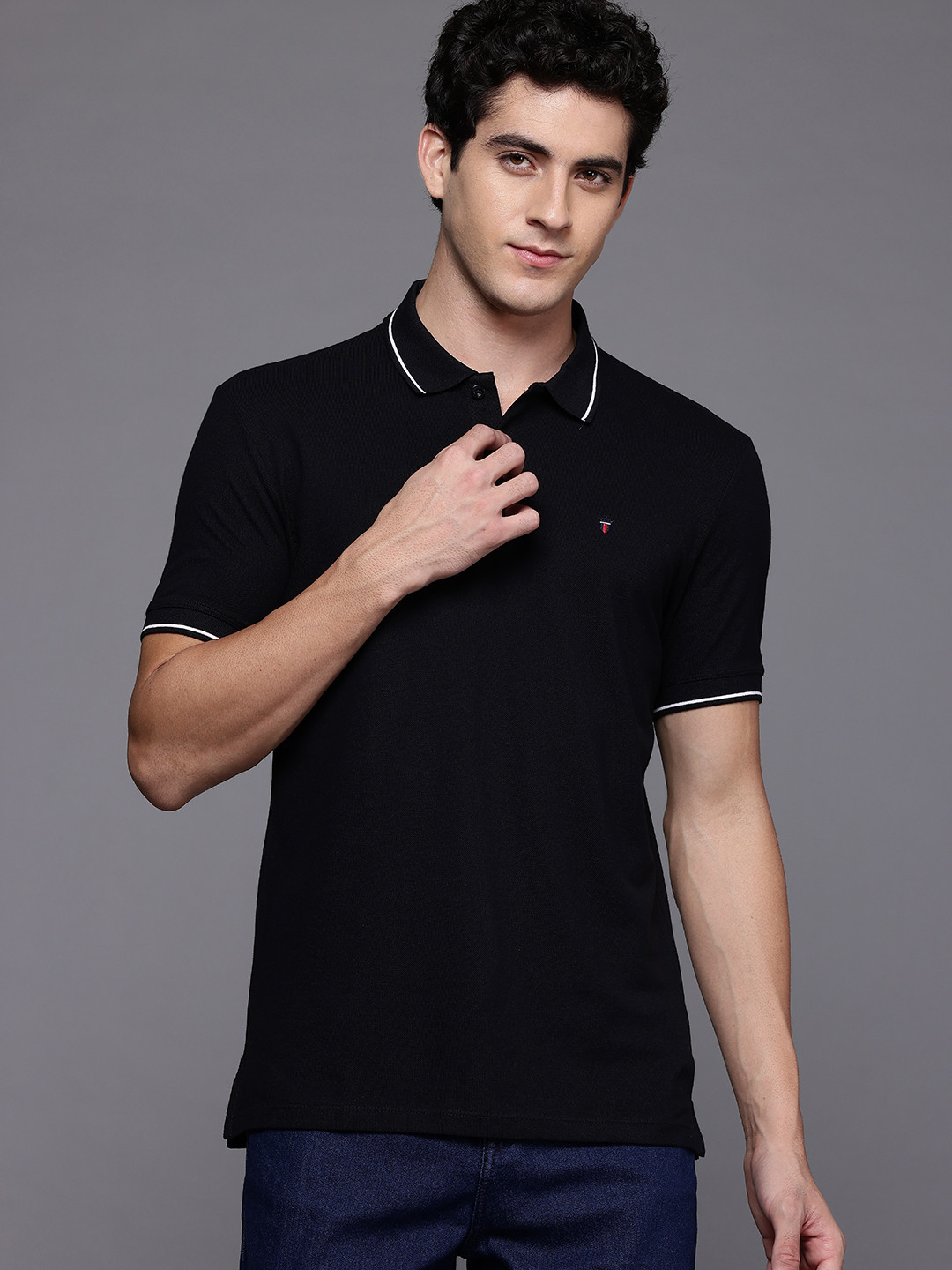 Louis Philippe Jeans Contrast Trim Polo Collar Pure Cotton Slim Fit T-shirt