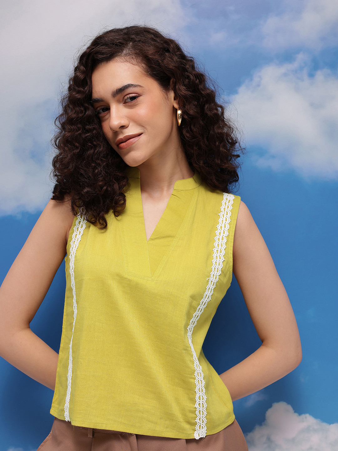 CORSICA Mandarin Collar Lace Inserts Top