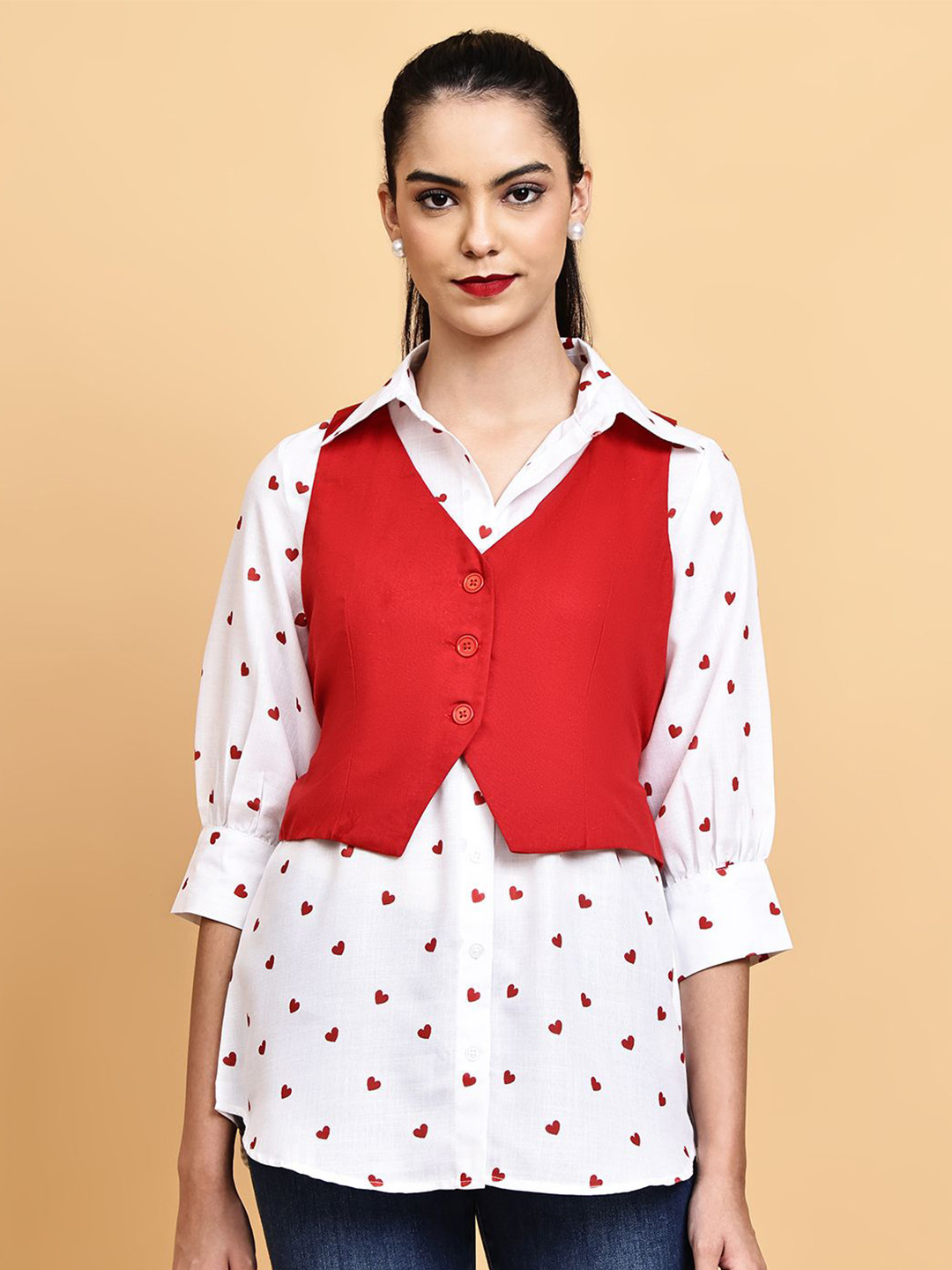 BLANC9 Women Conversational Self Design Spread Collar Cotton Casual Shirt with Jacket