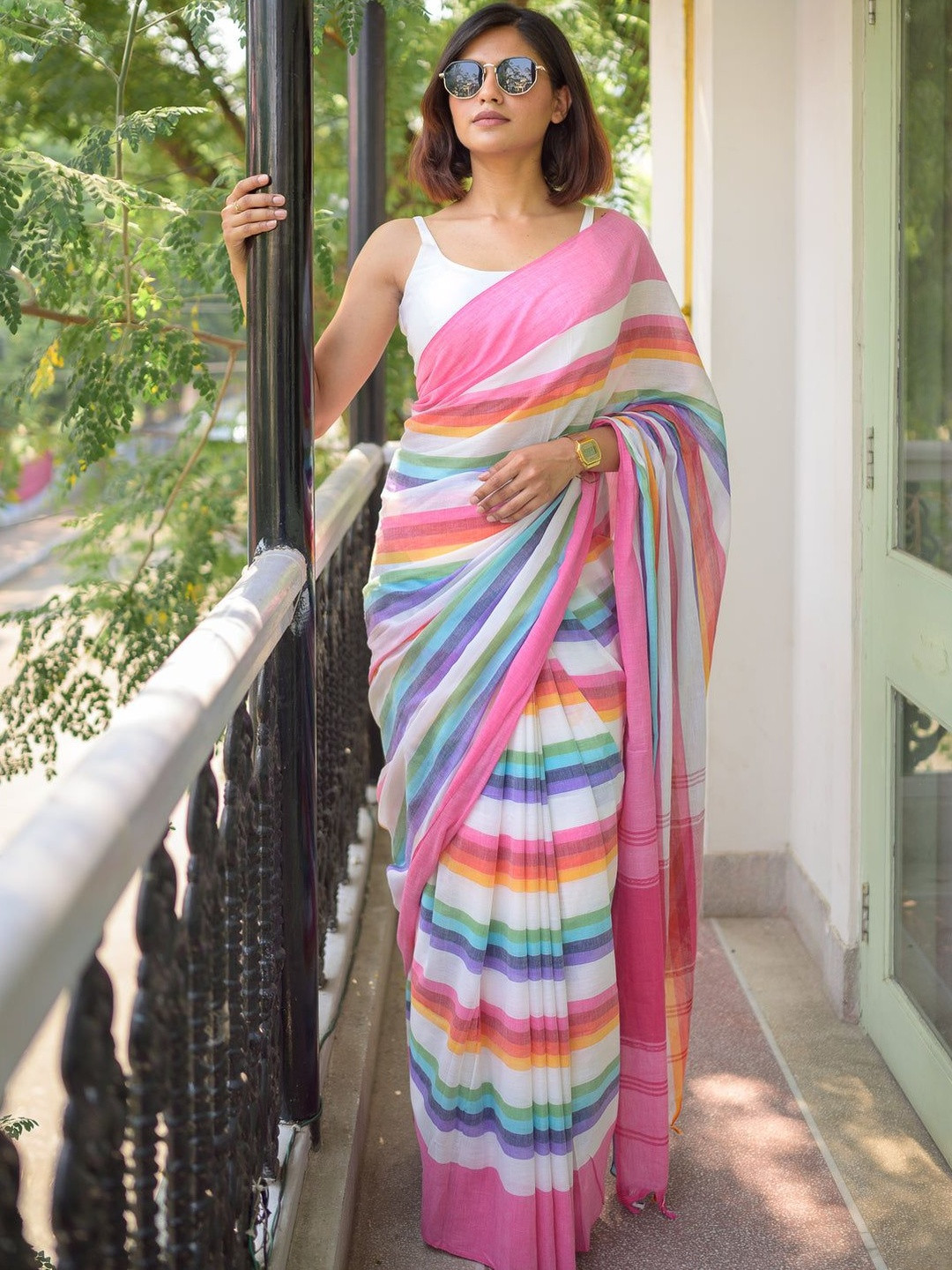 AWRIYA Women Striped Chanderi Saree