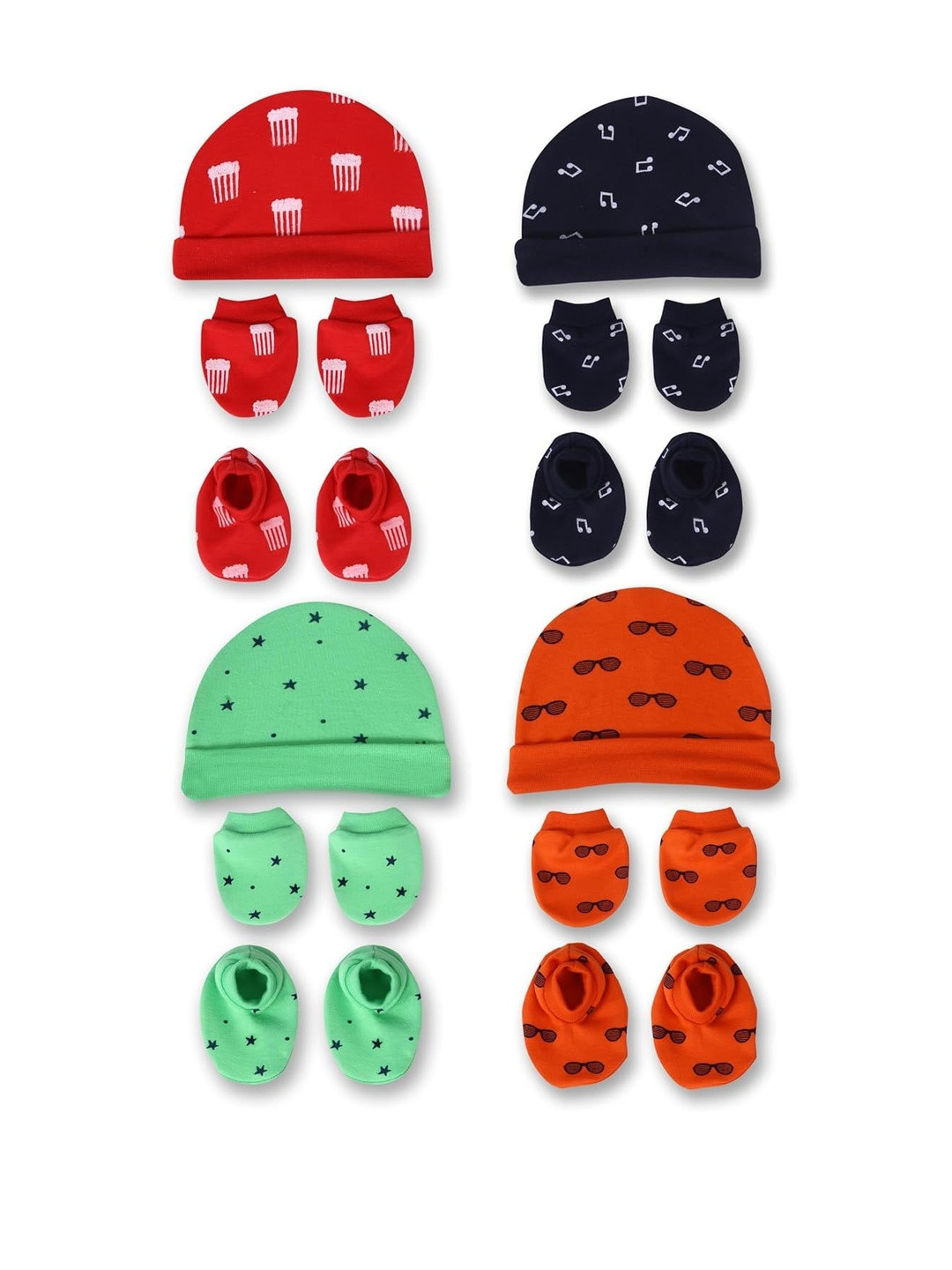 Mom's Darling Kids Pack Of 4 Printed Beanie With Mitten and Booties