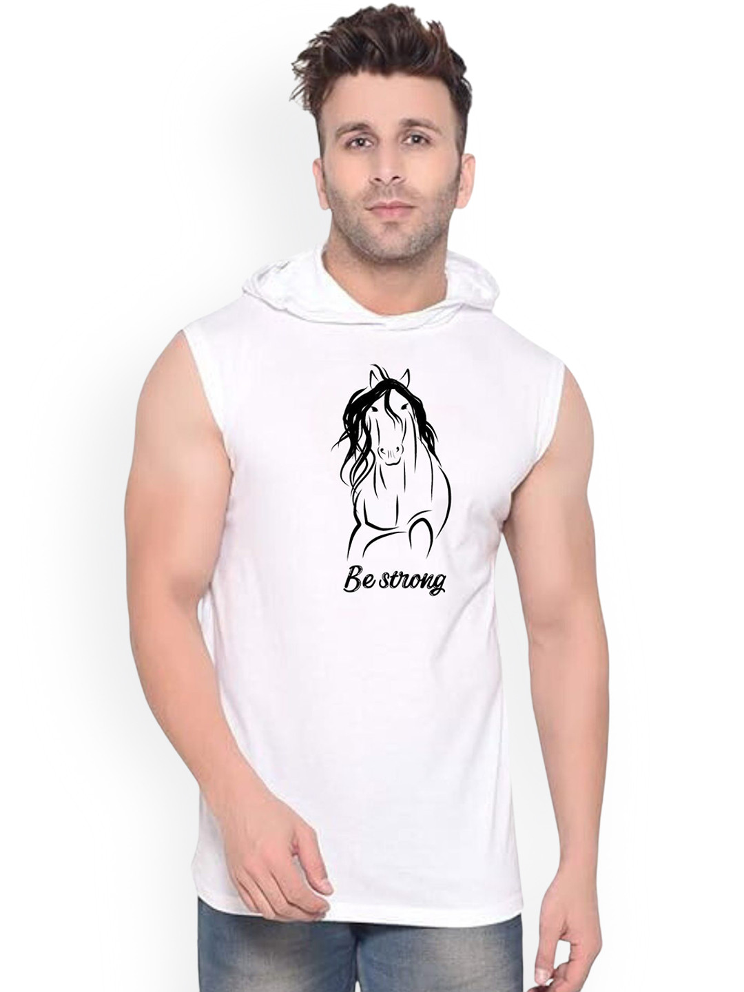 Fashnobic Be Strong Men Printed Hooded-Neck Gym Vests