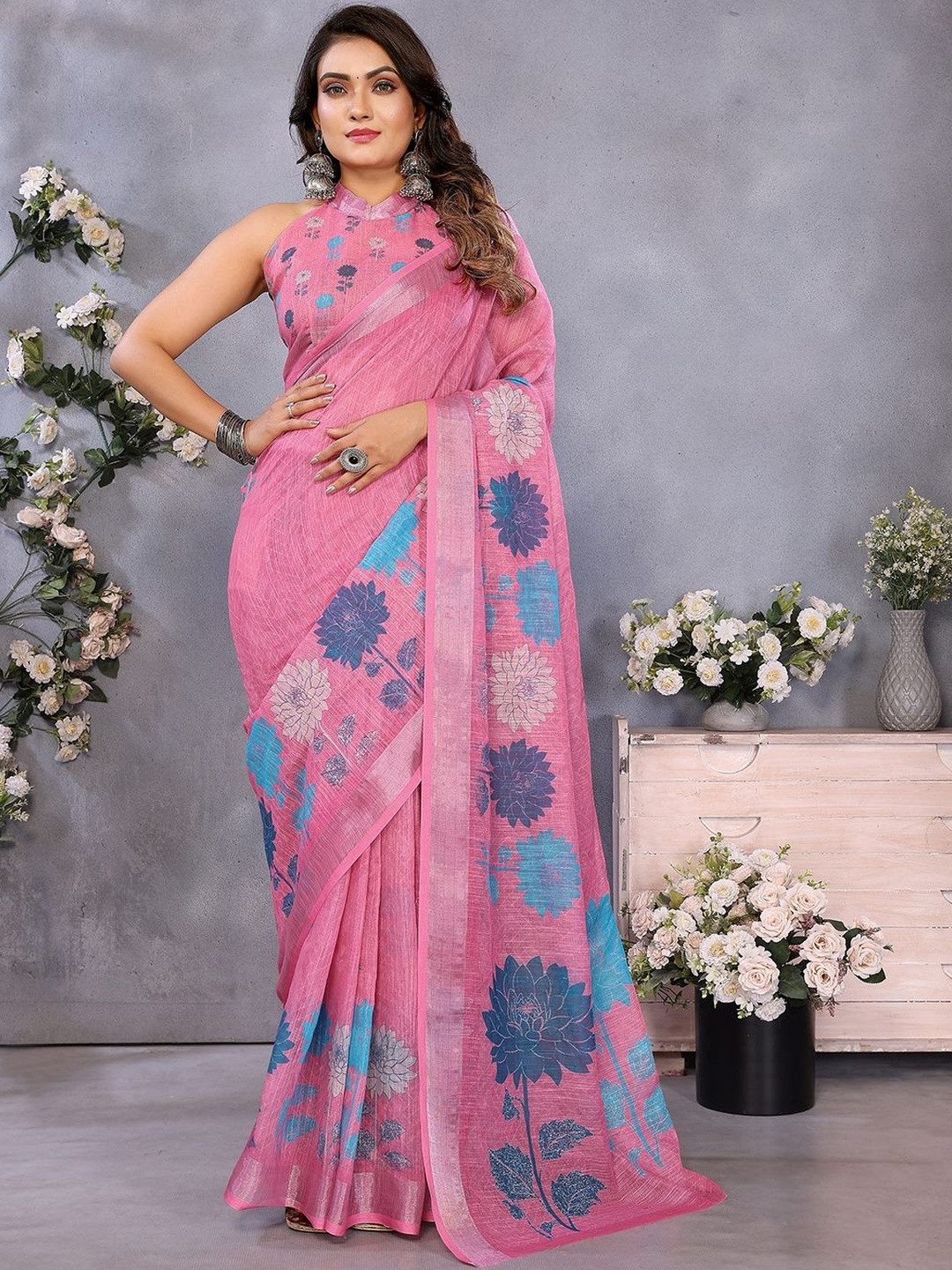 Moda Rapido Floral Print Zari Border Ready to Wear Linen Saree
