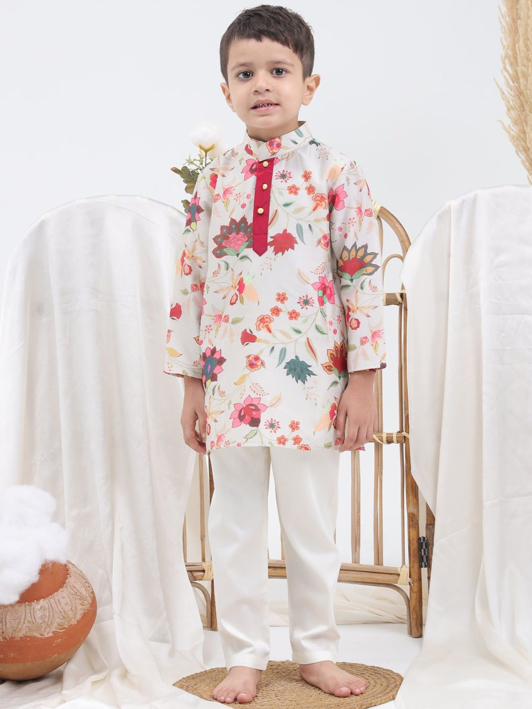 Sangria Boys Multi Colored Regular Chanderi Silk Kurta with Pyjamas