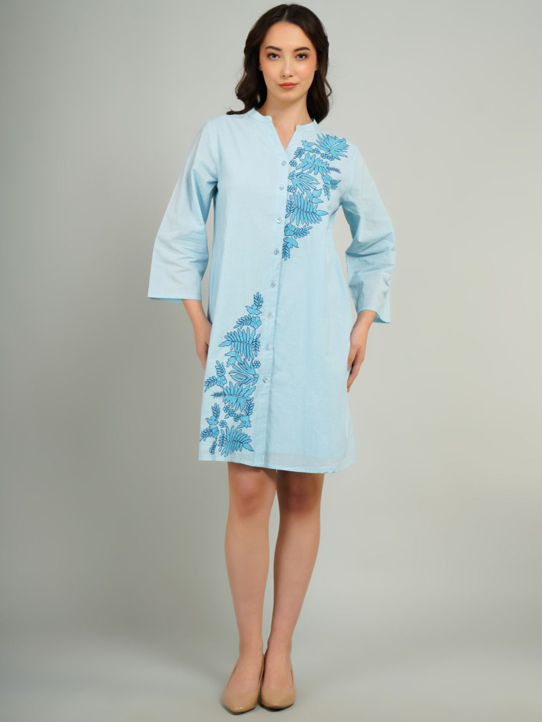 Zolo Label Embroidered Knee Length Cotton Shirt Dress