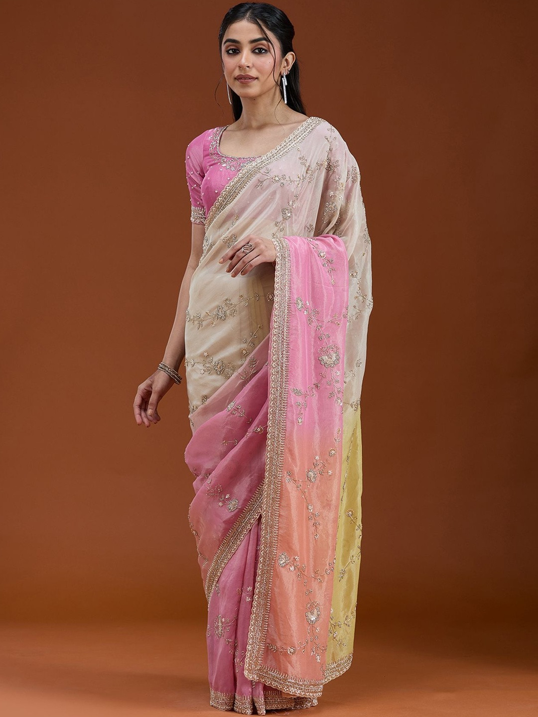 Koskii Peach Cutdana Tissue Saree