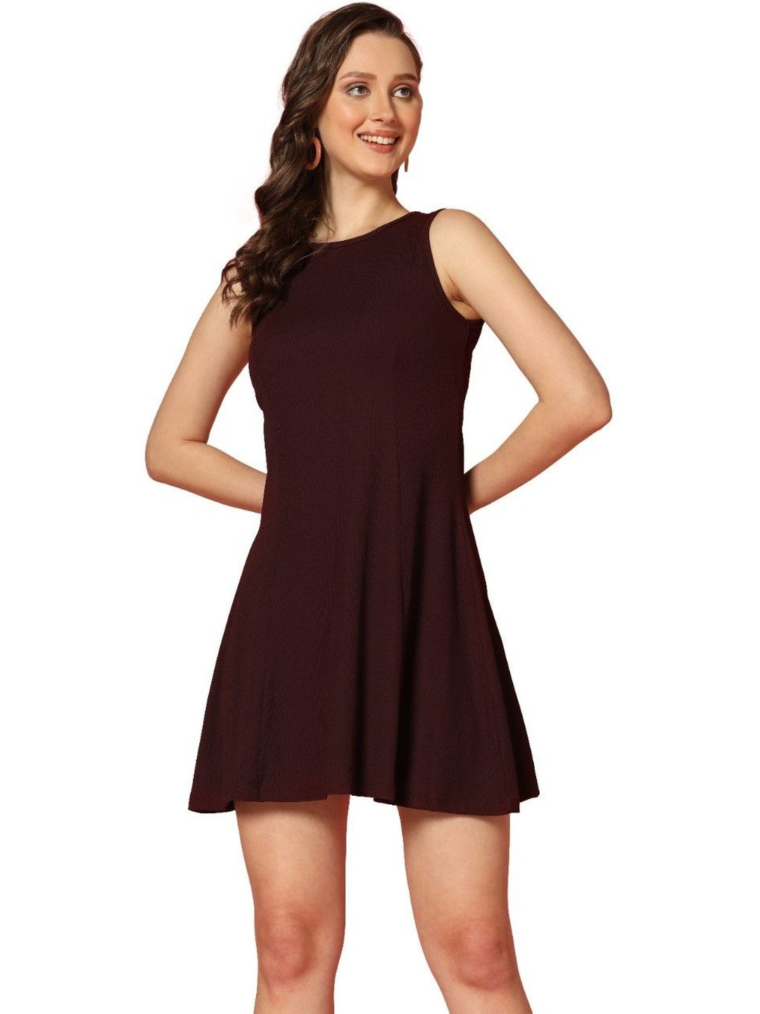 LERIYA FASHION Self Design Round Neck Sleeveless Fit & Flare Mini Dress