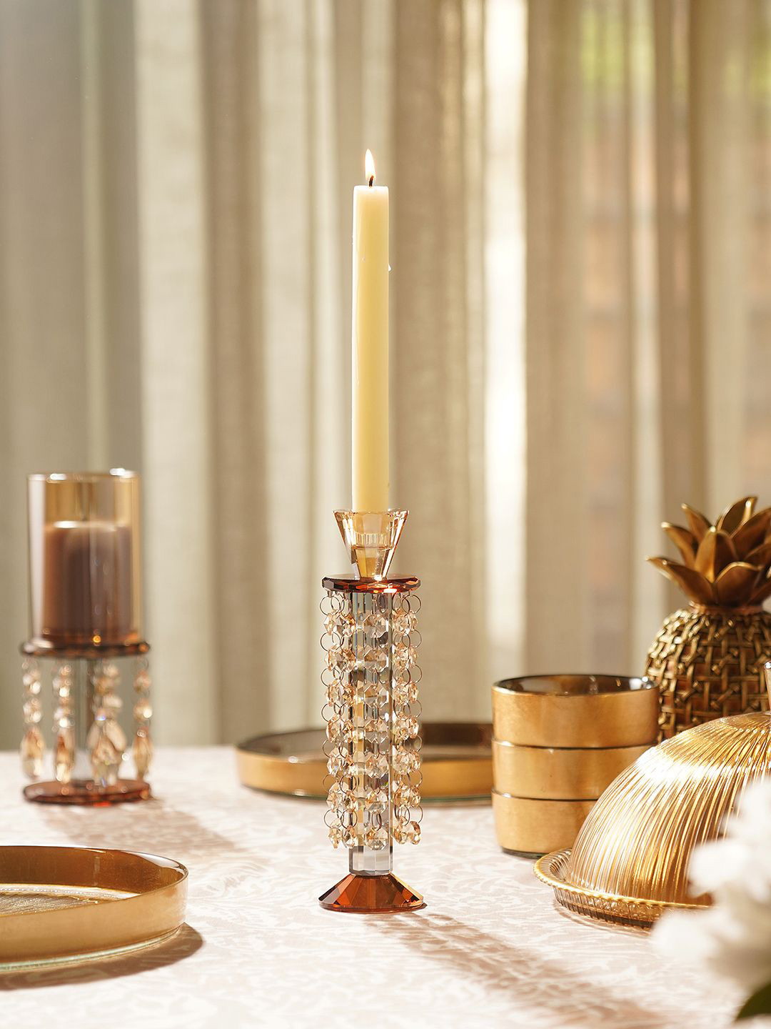 Pure Home and Living Brown Glass Tapered Candle Holder With Hanging Crystals