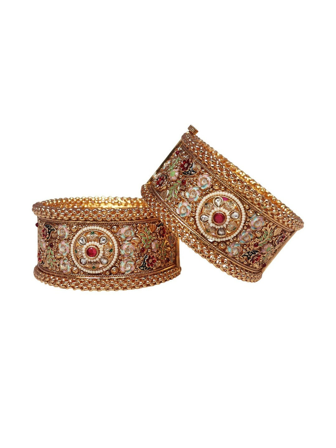 TAJ BRIDAL STORE Set Of 2 Gold-Plated Kundan Studded Meenakari Bangle-Style Bracelets