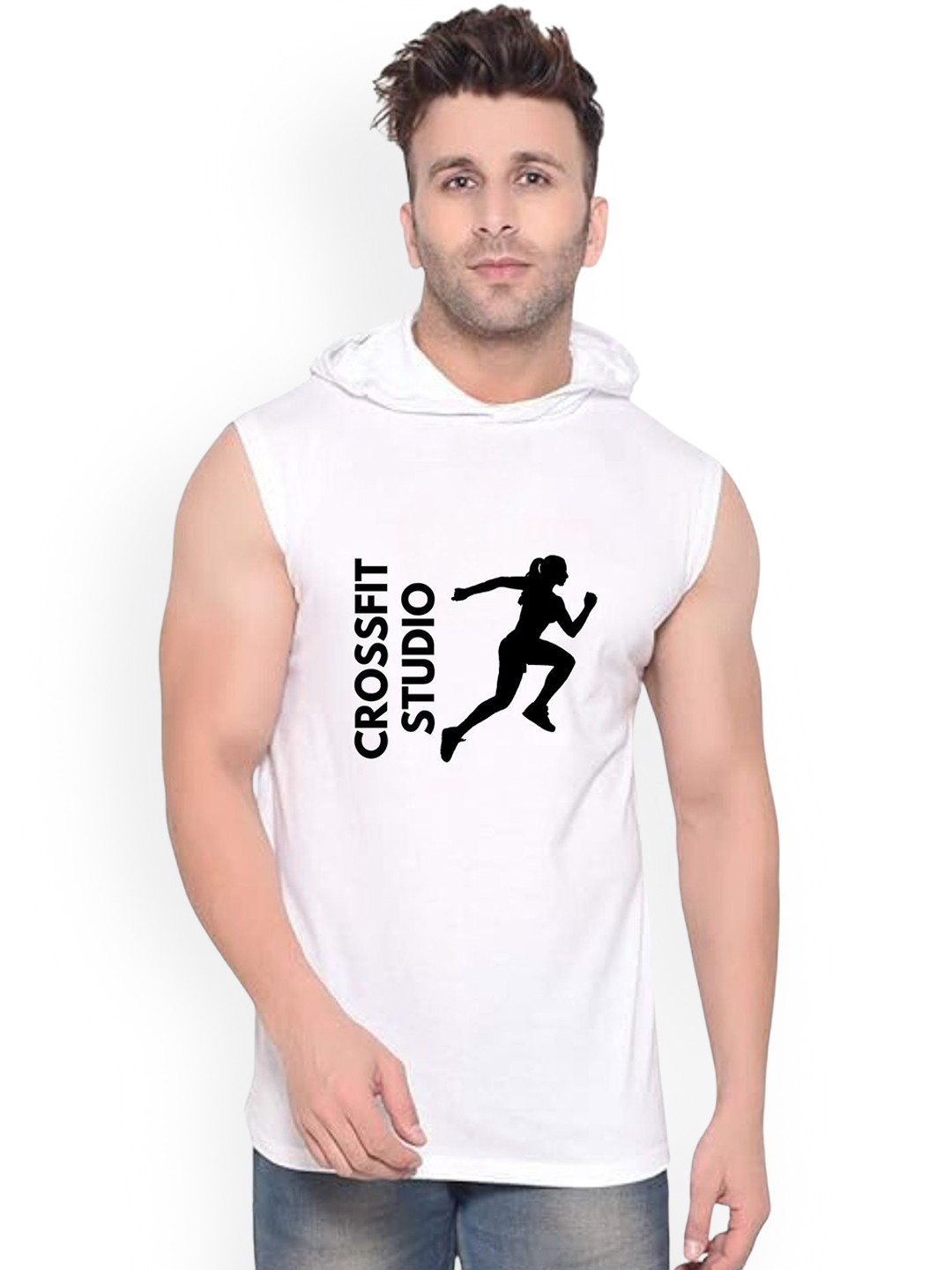 Fashnobic Men Crossfit Studio Printed Hooded-Neck Gym Vests