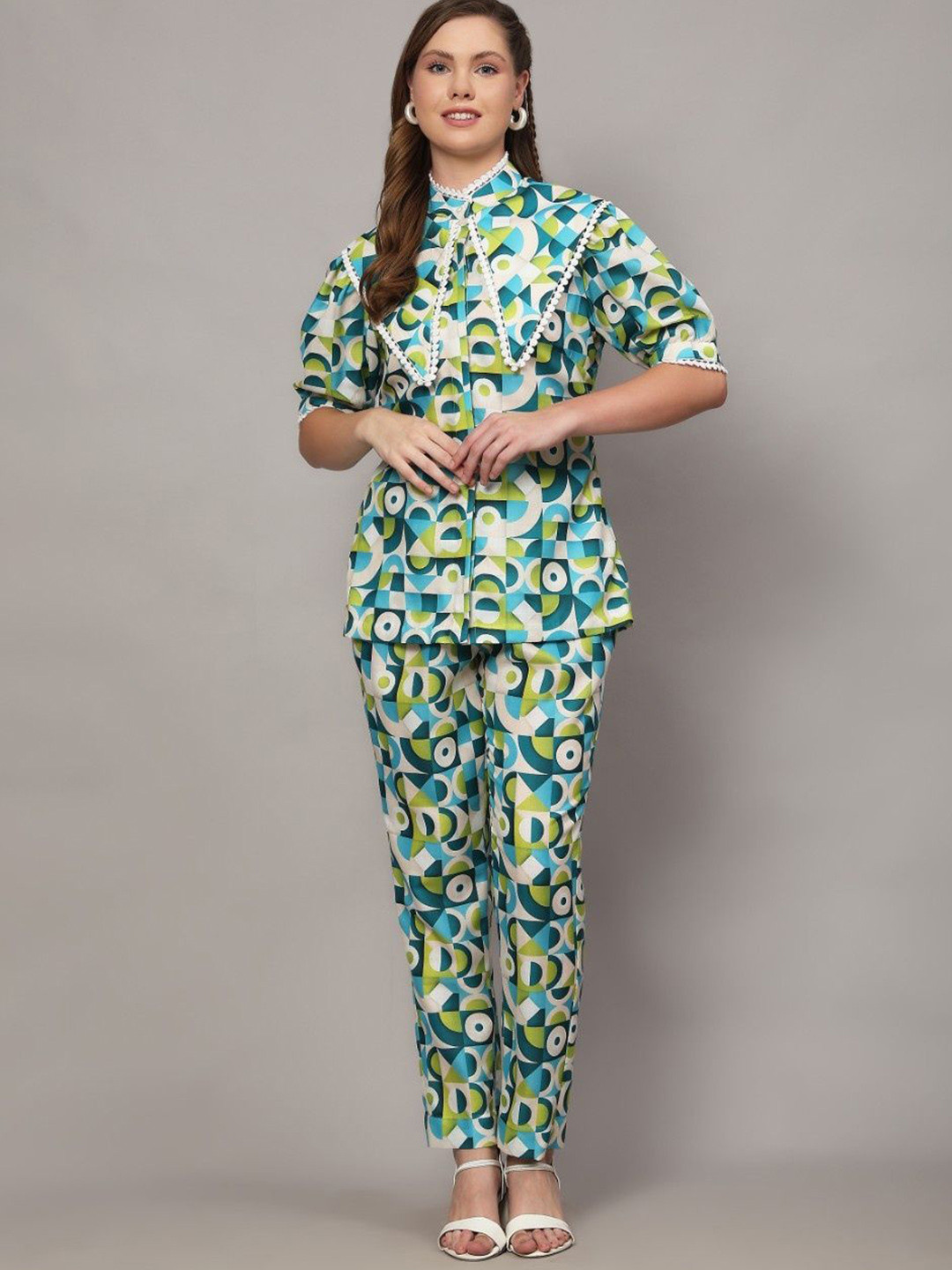Pearls and Pastels Printed High Neck Linen Top With Trousers Co-Ords