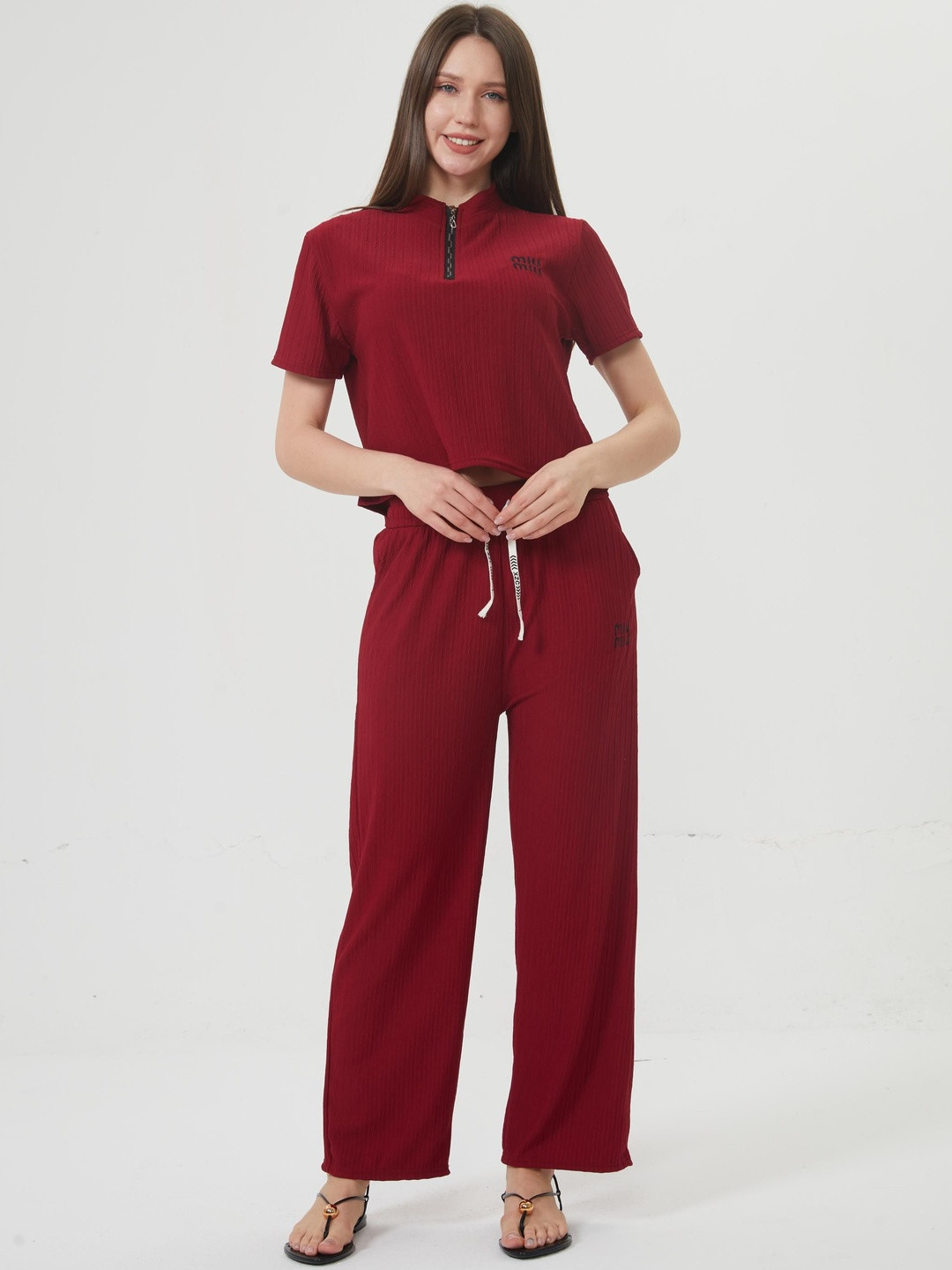 Stem Rope Women Cotton Solid Top & Trousers Co-Ord Set