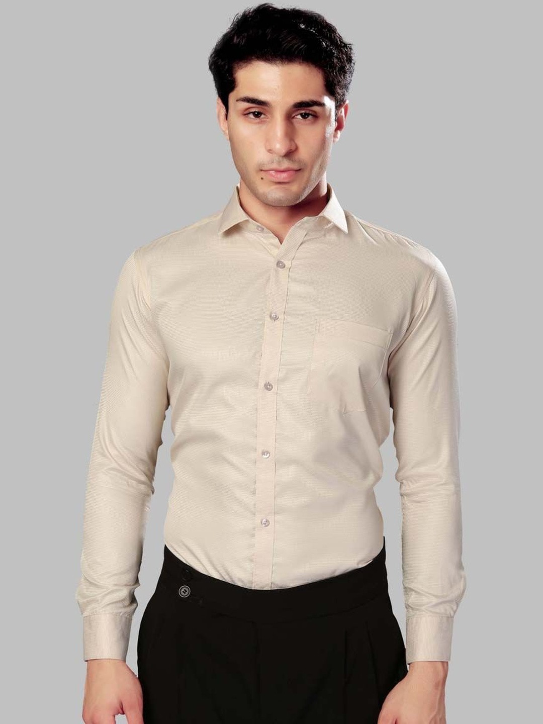 UR ETHICS Men Cream Self Design Slim Fit Premium Semiformal Shirts