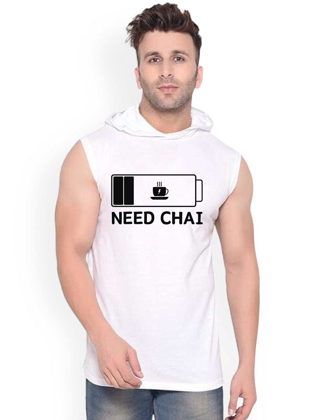 Fashnobic Men Need Chai Printed Hooded-Neck Gym Vests