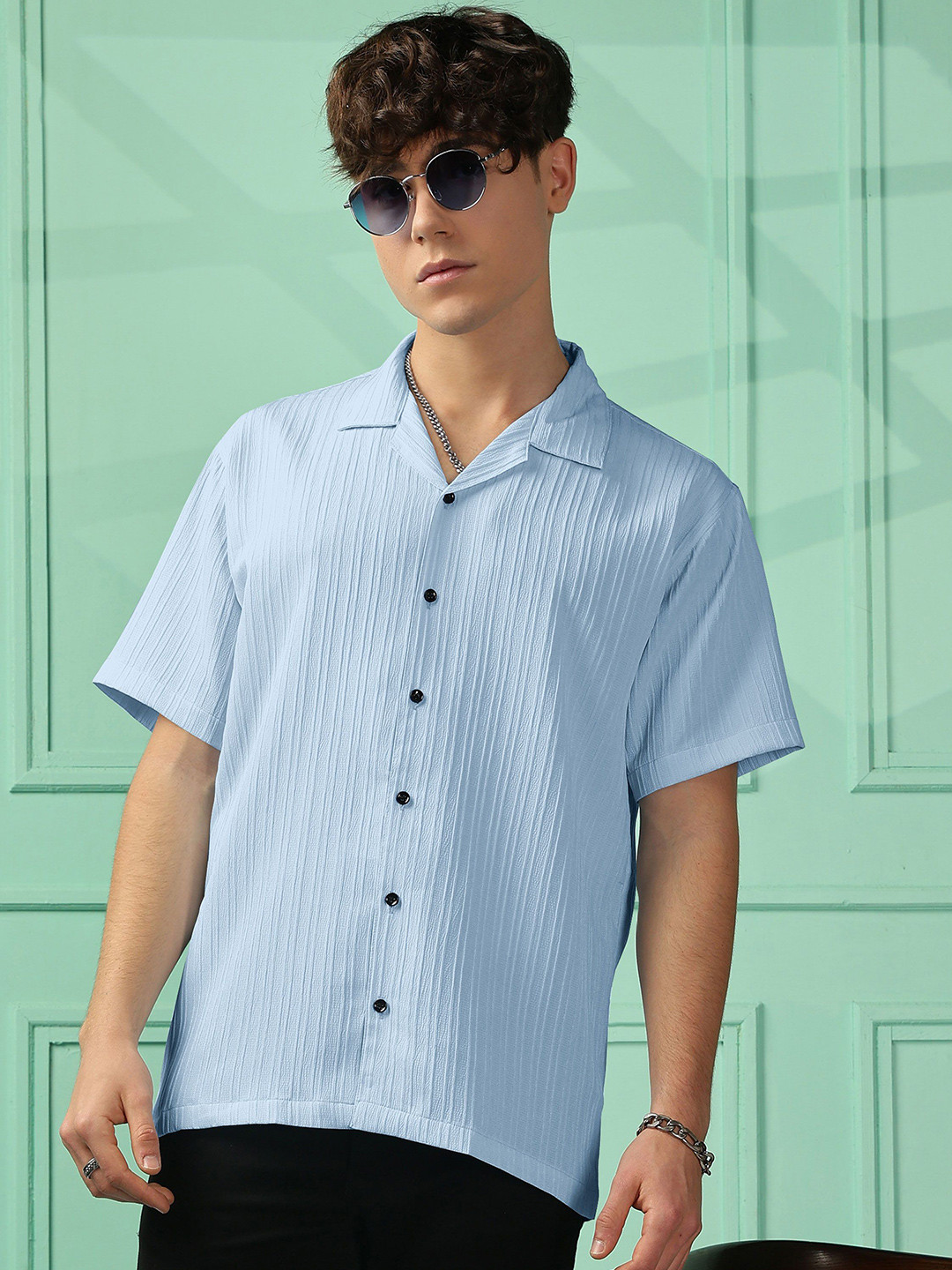 Urban Buccachi Men Premium Fit Textured Cuban Collar Casual Shirt