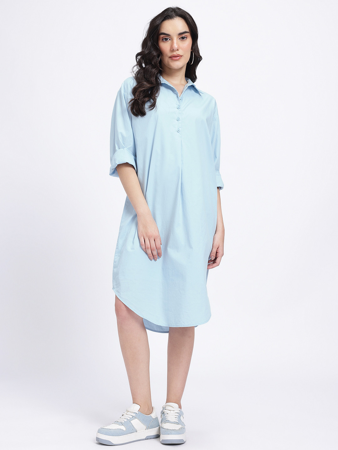 glitchez Cuffed Sleeves Pure Cotton Midi Relaxed Fit Shirt Dress