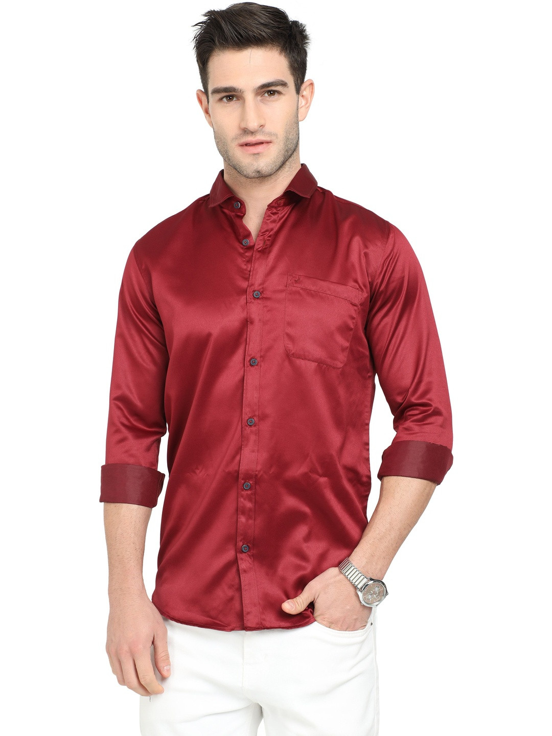RS Fashions Men Red Satin Slim Fit Comfort Shirts