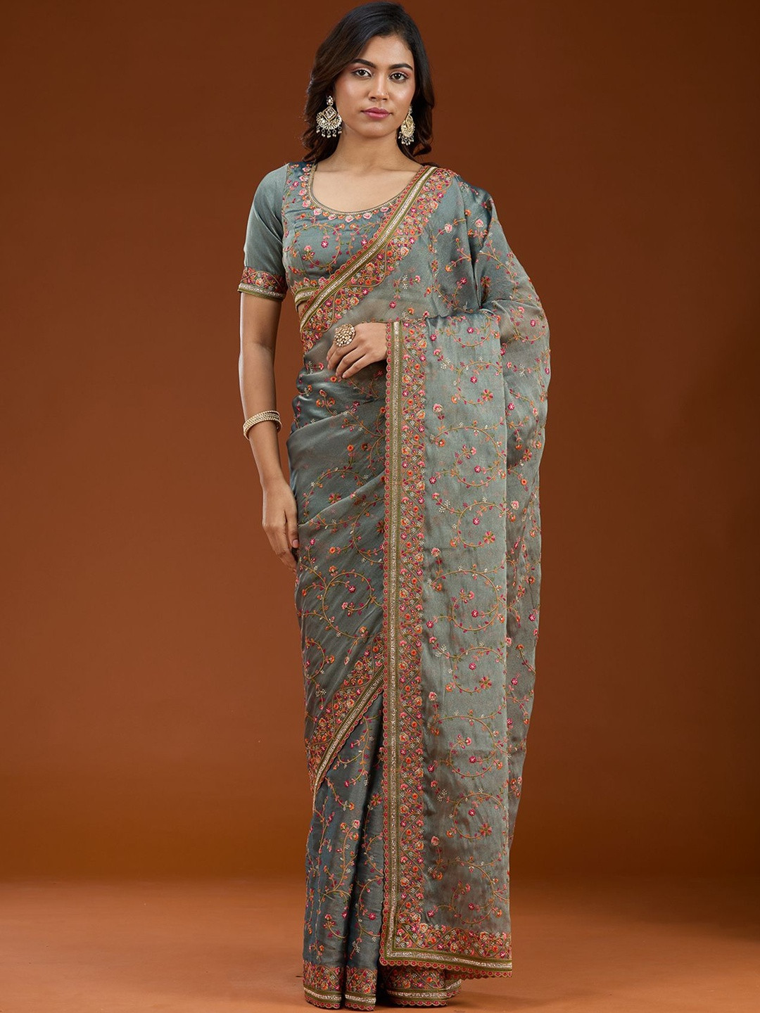 Koskii Grey Threadwork Tissue Saree
