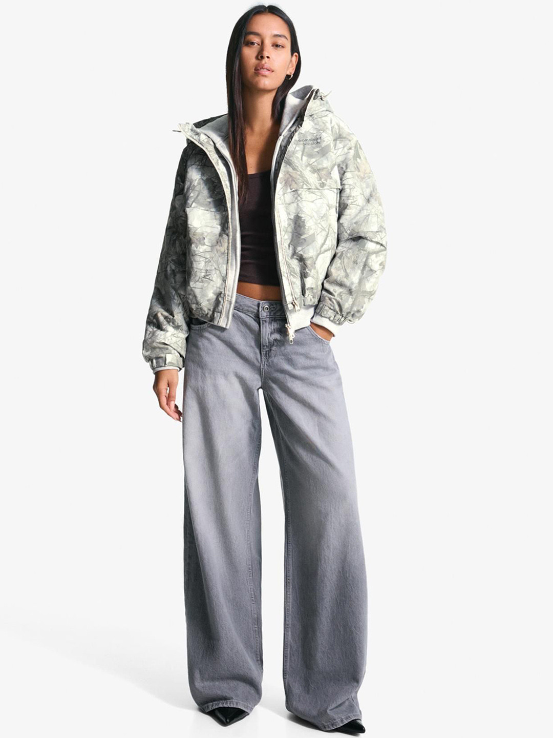 Bershka Women Abstract Printed Hooded Puffer Jacket