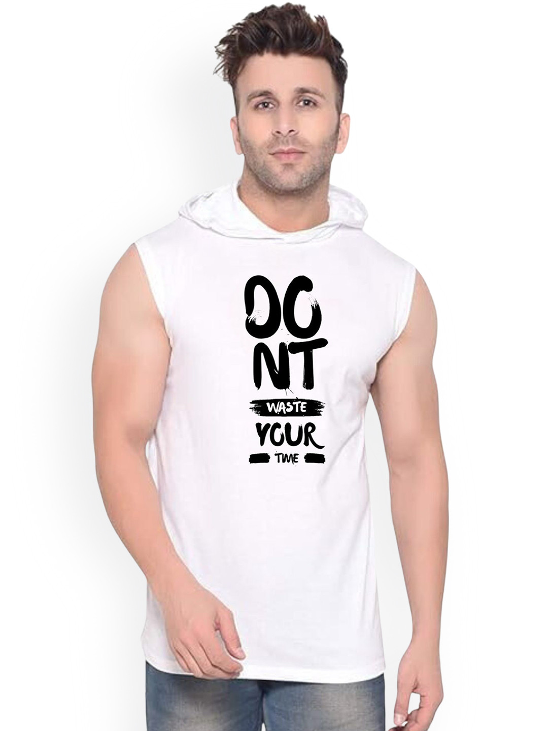 Fashnobic Men Do Not Waste Your Time Printed Hooded Neck Gym Vests
