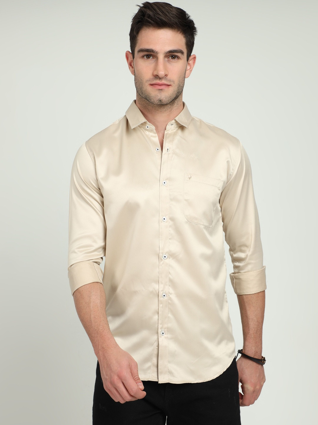 Rocket Science Men Cream Satin Slim Fit Comfort Shirts