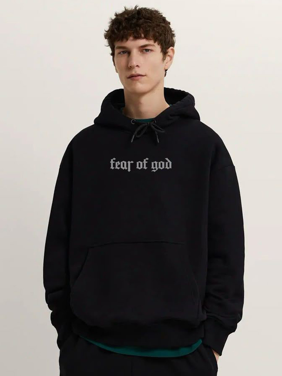 Stitchmeashirt Men Black Printed Fleece Oversize Hooded Sweatshirt