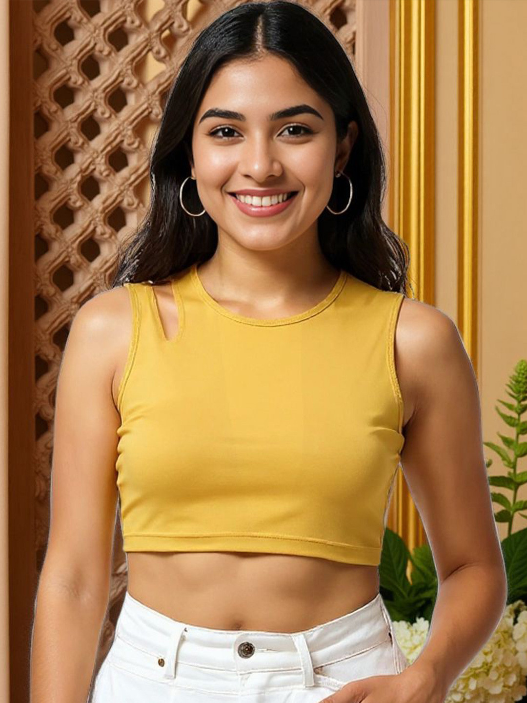 KYVO Yellow Ribbed Cut-Out Crop Tank Top