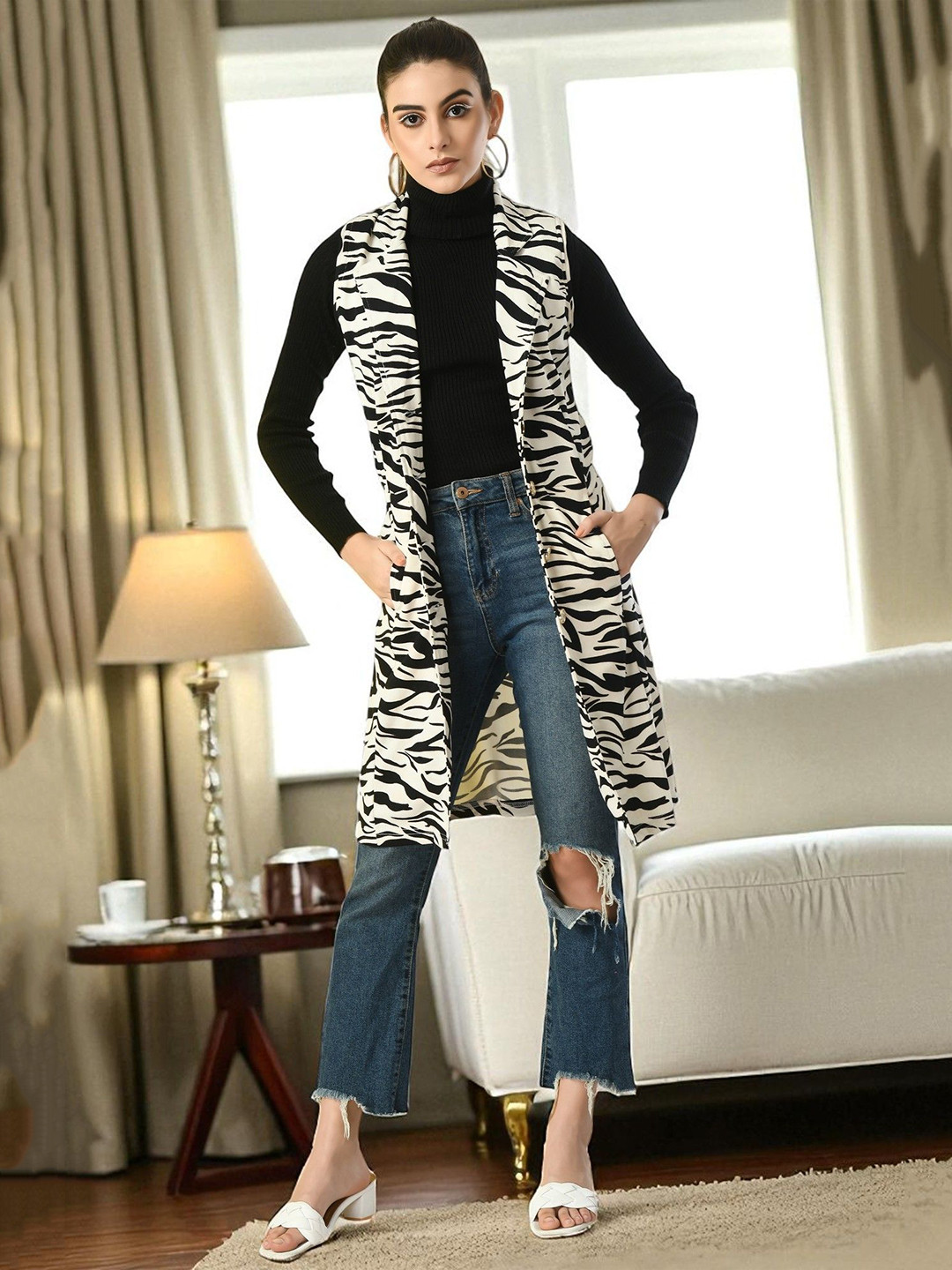 SFOTY Animal Printed Longline Sleeveless Shrug