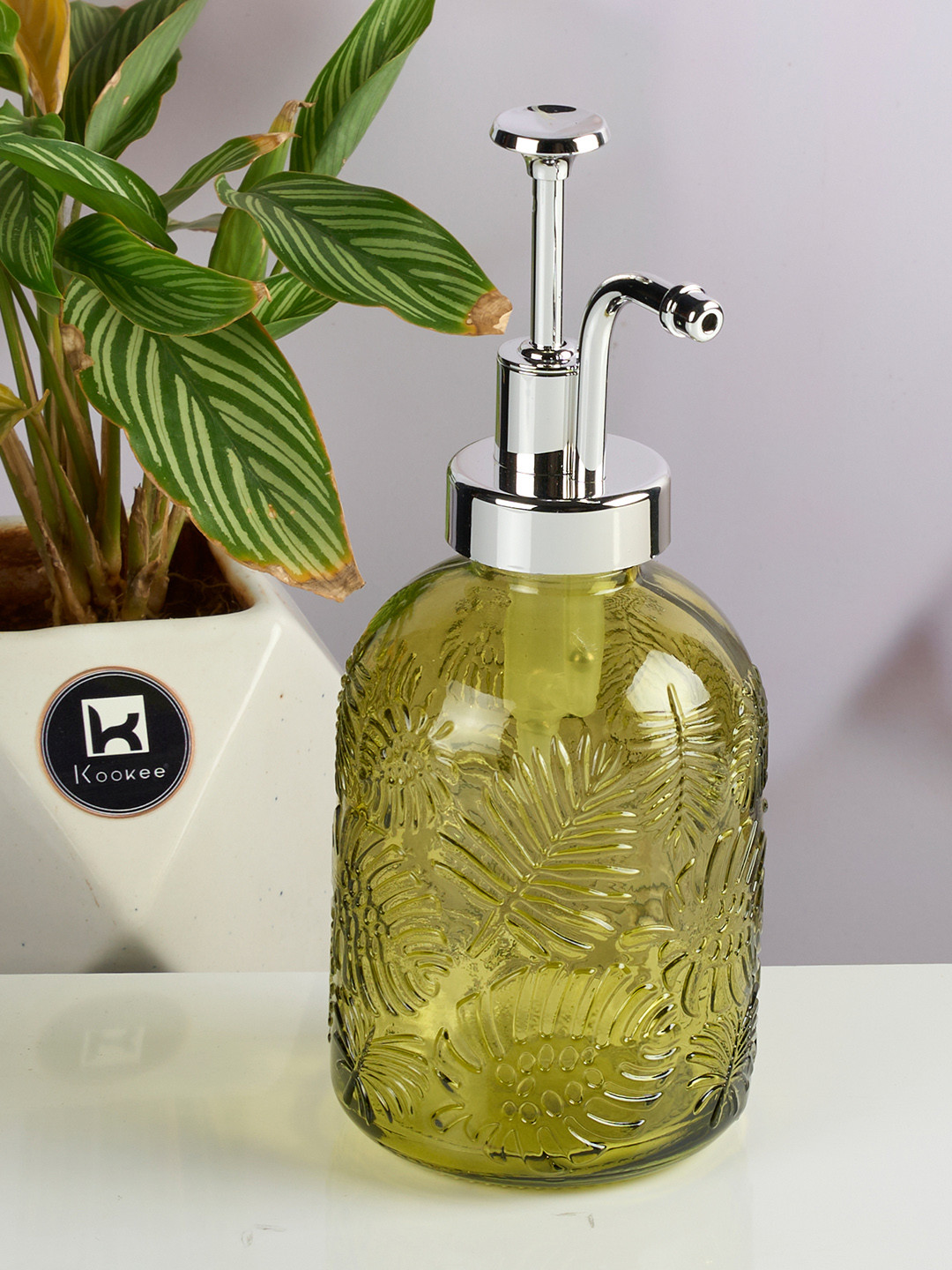 Kookee Green & Silver Toned Textured Glass Soap Dispenser 350ml