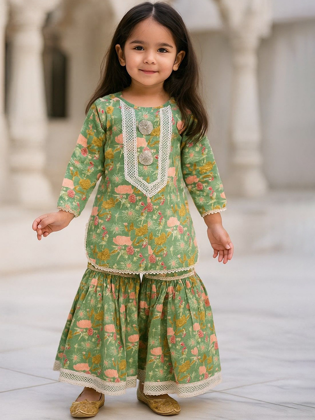 Mamma's Bear Girls Floral Printed Pure Cotton Kurti with Sharara