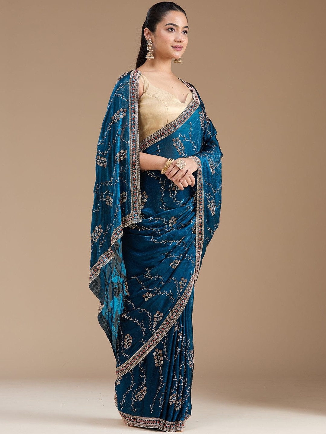 Koskii Women Royal Blue Stonework Gold Tissue Saree