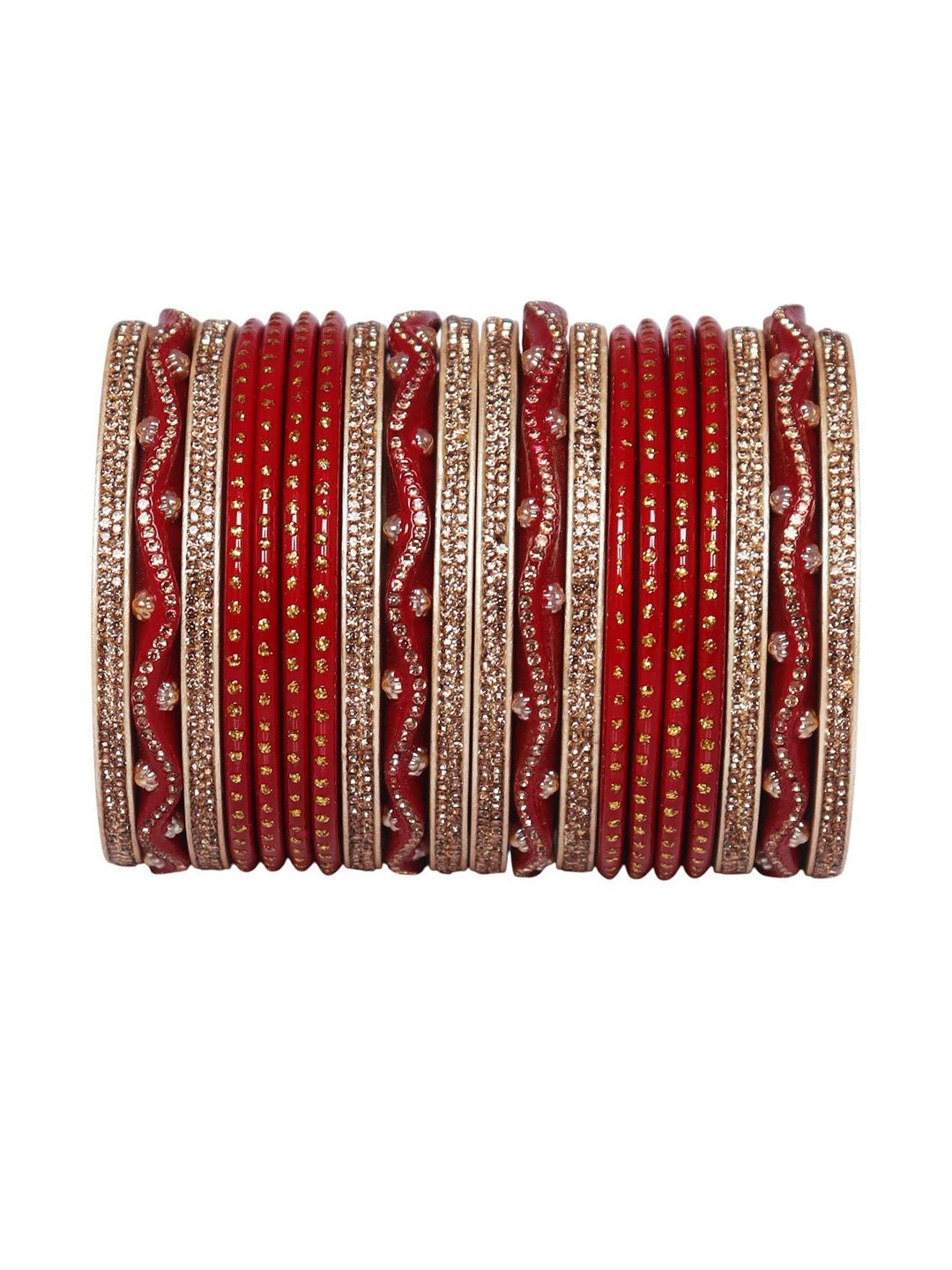 TAJ BRIDAL STORE Set Of 20 Rhinestones Studded Zig-Zag Lac Bangles