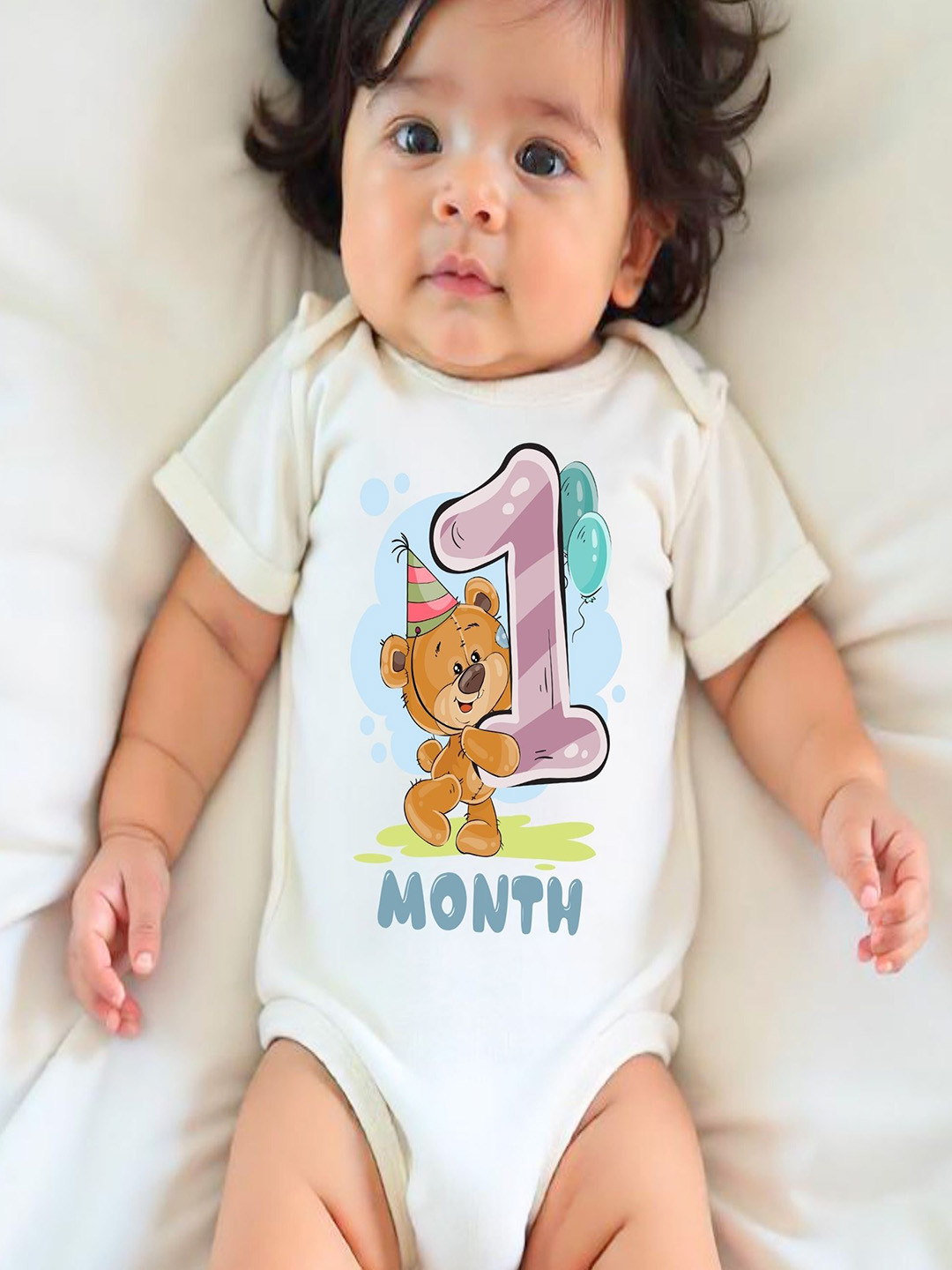 KNITROOT Infants One Month Teddy Printed Cotton Envelope Neck Bodysuit