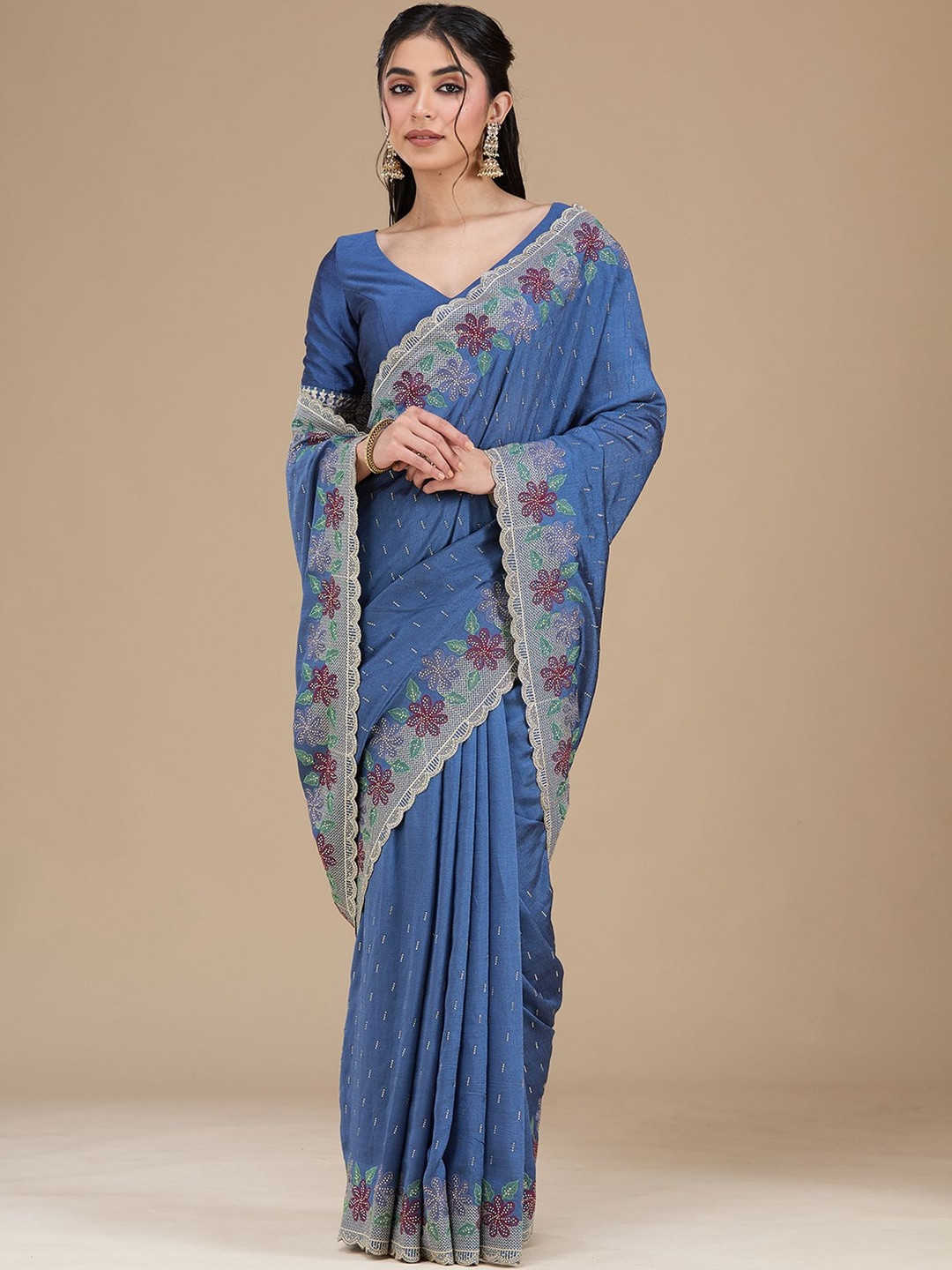 Koskii Women Embellished Embroidered Beads and Stones Threadwork Soft Raw Silk Saree