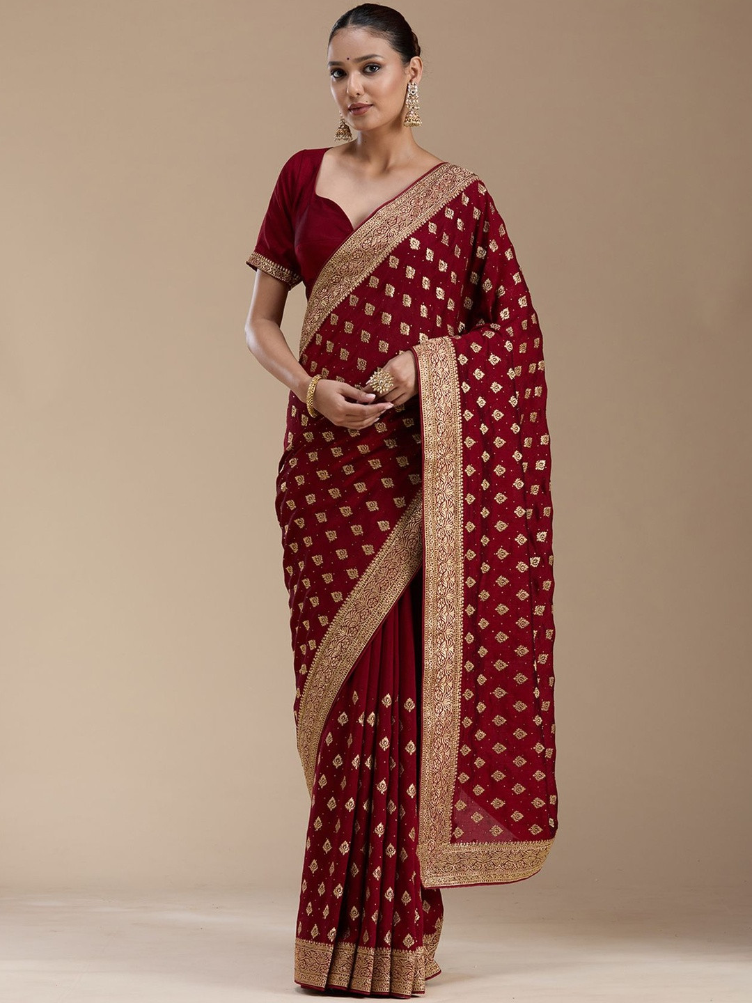 Koskii Maroon Zariwork Soft Raw Silk Saree