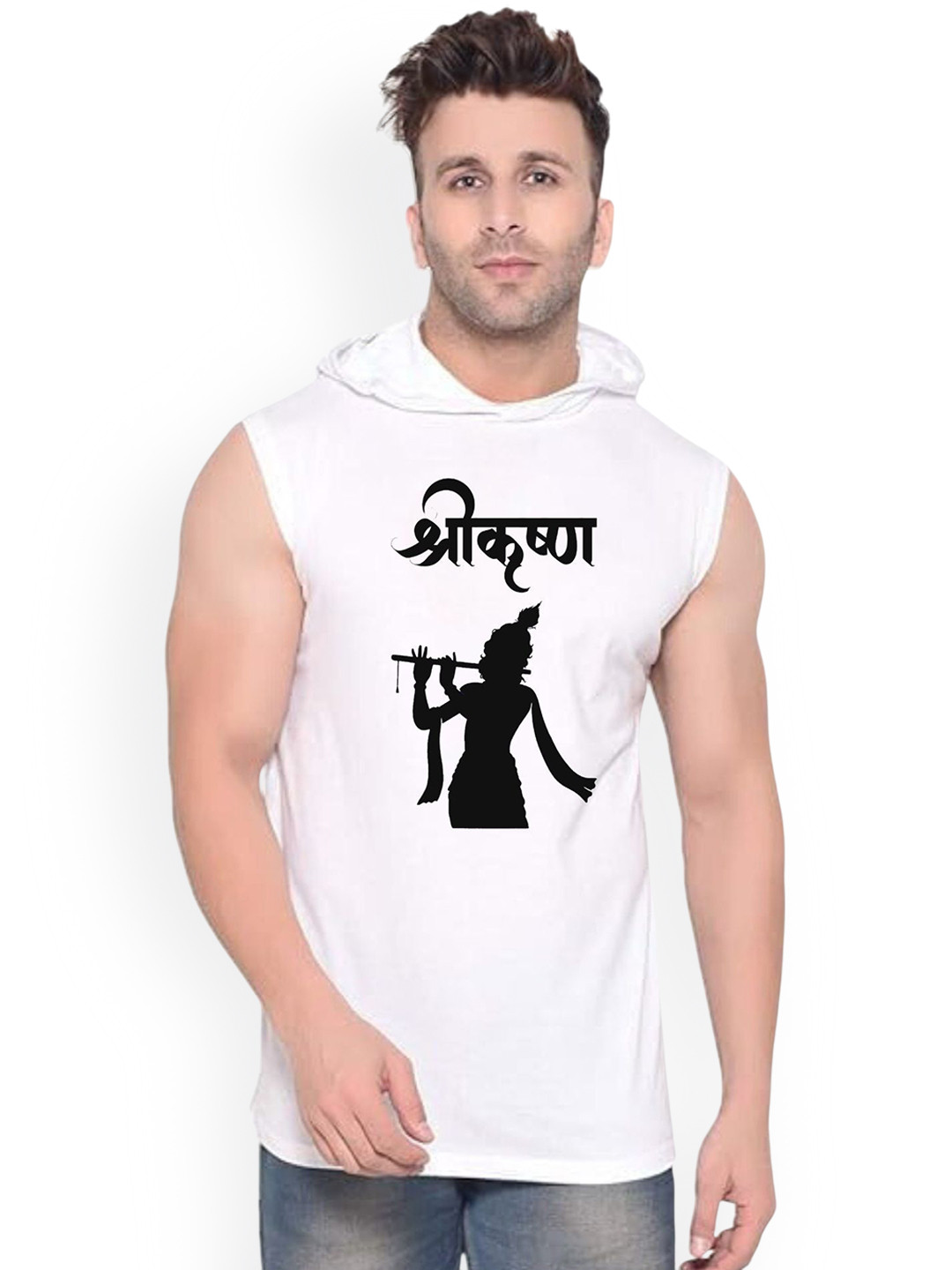Fashnobic Men Shri Krisna Printed Hooded-Neck Gym Vests