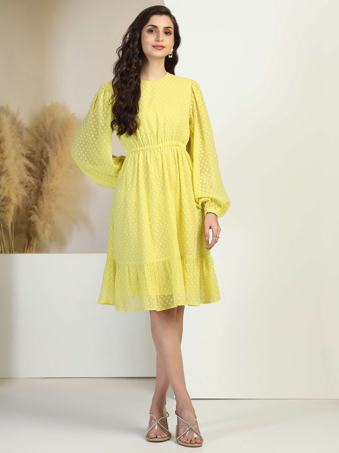 FLY STITCH Women Self Design Puff Sleeve Tiered Georgette Fit and Flare Dress