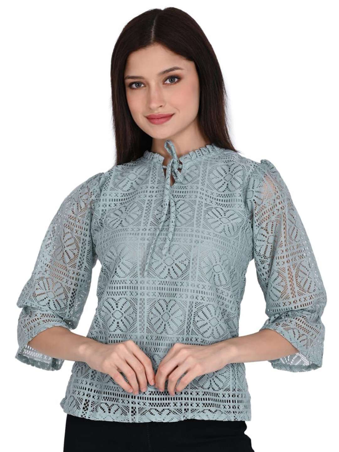 ORIEX THE ORIGINAL FASHION Textured Tie-Up Neck Ruffles Net Top