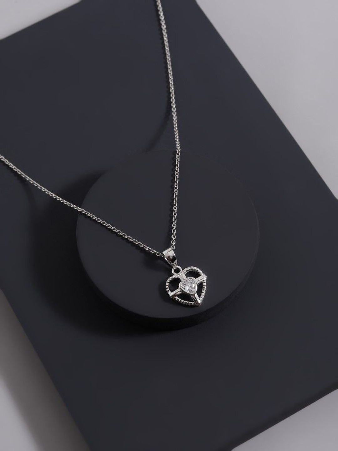 DIAVO Symphony Of Dual Hearts Silver Rhodium-Plated Artificial Stones Studded Necklace