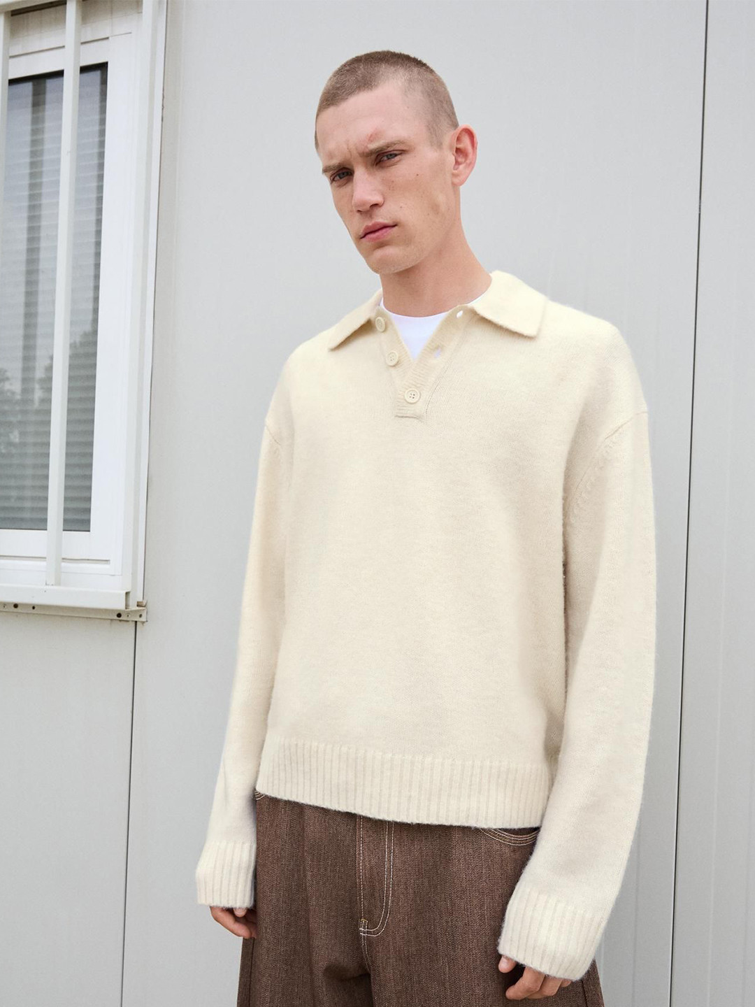 Bershka Men Solid Shirt Collar Pullover Sweater