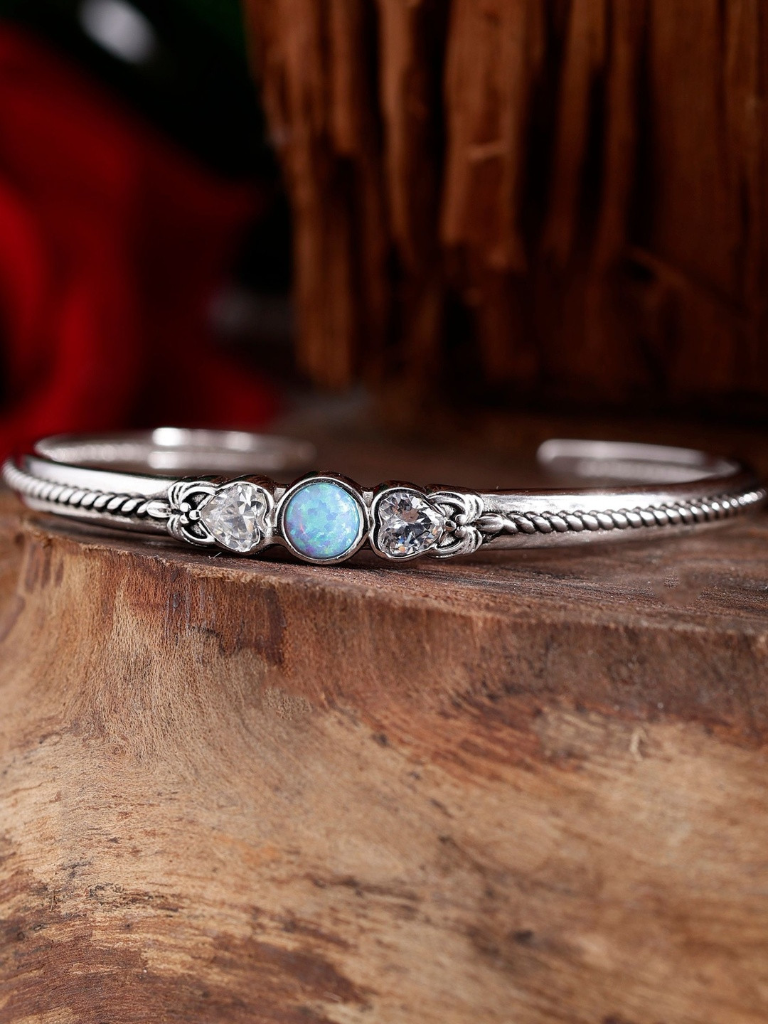 DIAVO Silver Opal Studded Kada Bracelet