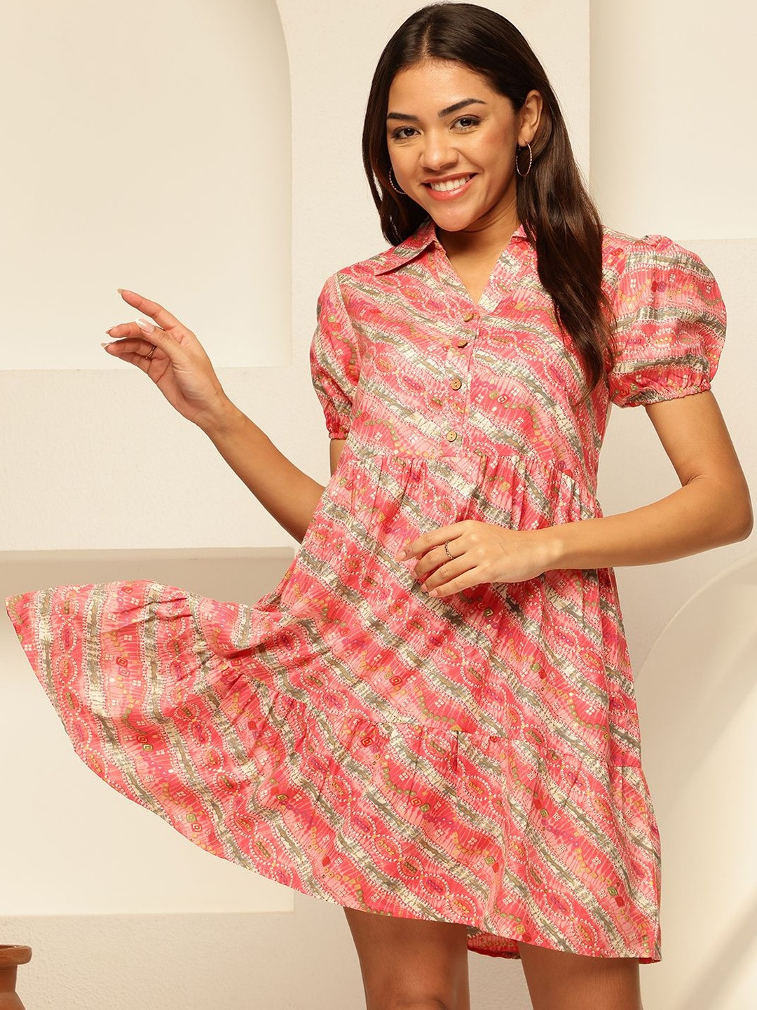 KALINI Bandhani Print Puff Sleeve Tiered Shirt Mini Dress