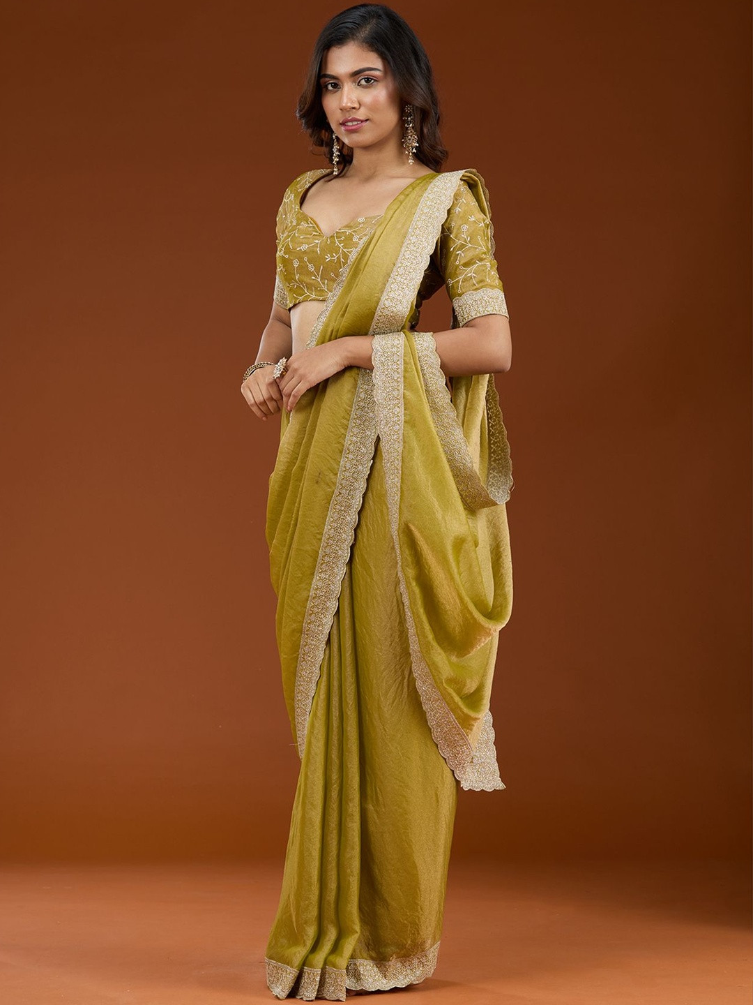 Koskii Green Zari Work Silver Tissue Saree